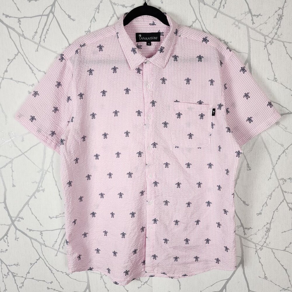 Lanikasurf Pink Seersucker Turtle Print Button Front Shirt